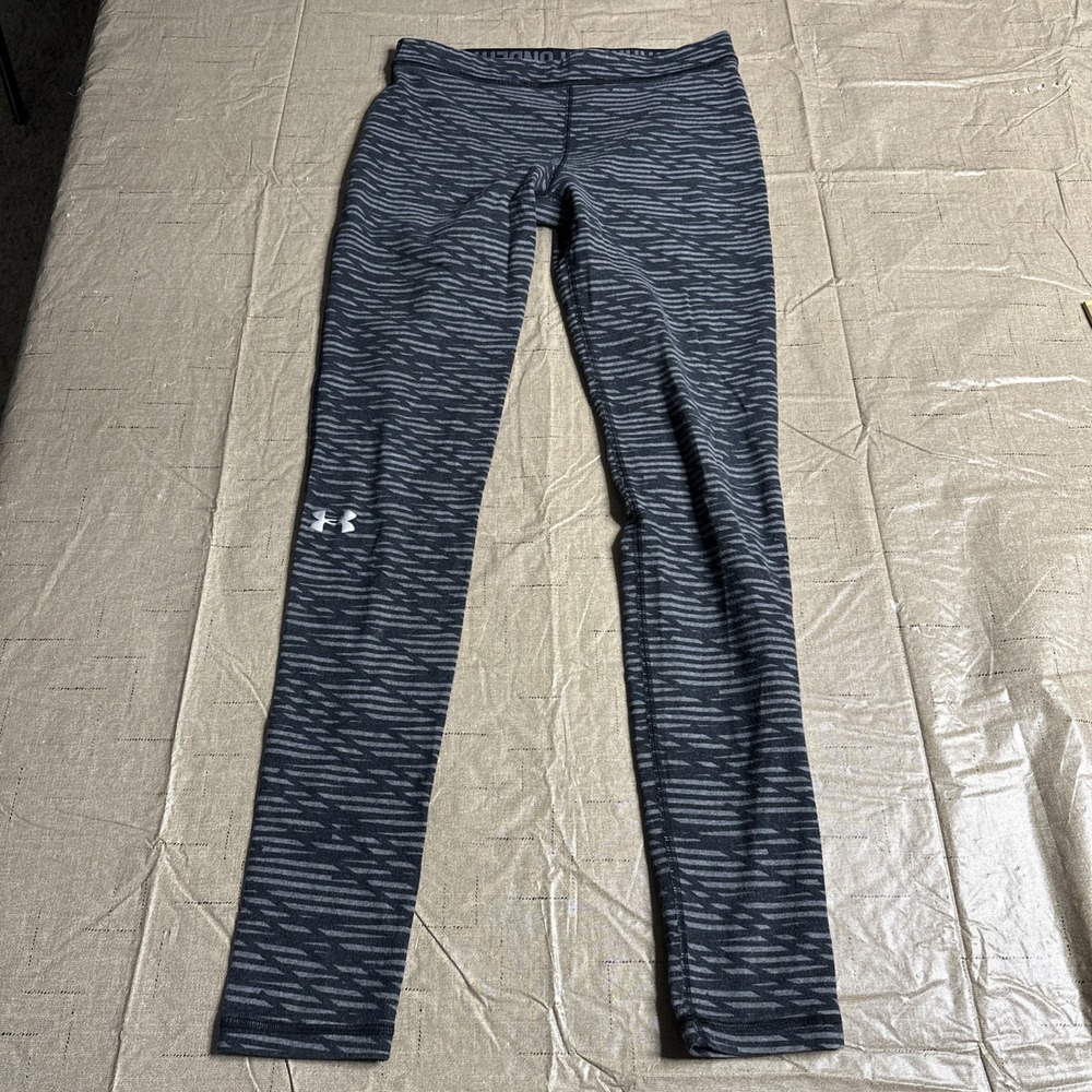 Under Armour Women's Leggings Grey Striped Fitted Ankle Gym Workout Logo 26/27